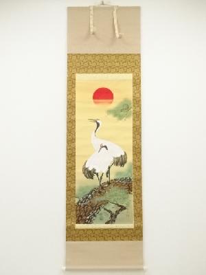 道成筆　松上双鶴　肉筆絹本掛軸（共箱）